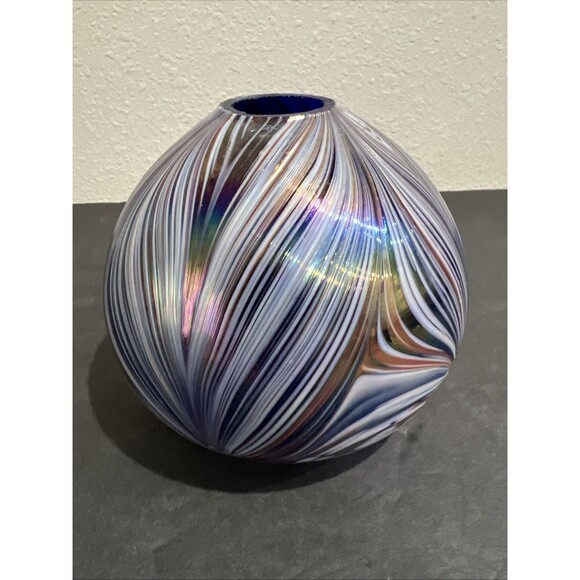 Art Glass Globe Vase with Purple Blue Brown Swirls Sphere Vintage - Picture 1 of 15